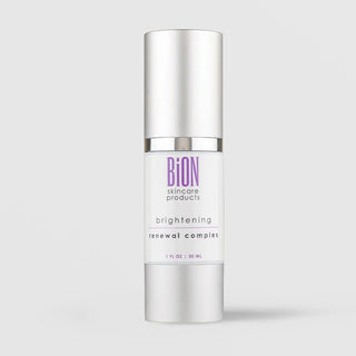 BiON Skincare Brightening Renewal Complex 30ml in white pump bottle with silver cap for hyperpigmentation and uneven skin tone