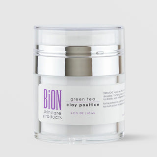 BiON Skincare Green Tea Clay Poultice 65ml in clear airless pump jar with silver lid for deep cleansing and acne-prone skin
