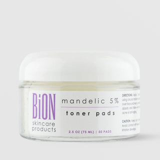 BiON Skincare Mandelic 5% Toner Pads 50 pads in clear jar with white lid for exfoliating acne and brightening skin