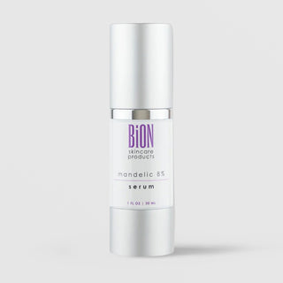 BiON Skincare Mandelic 8% Serum 30ml in white pump bottle with silver cap for acne hyperpigmentation and sensitive skin
