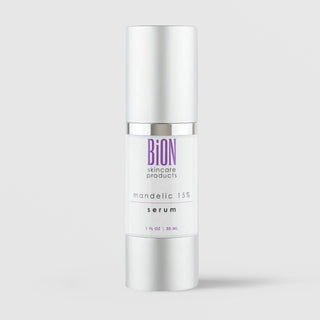 BiON Skincare Mandelic 15% Serum 30ml in white pump bottle with silver cap for acne hyperpigmentation and fine lines