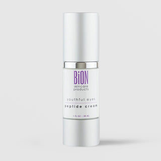 BiON Skincare Youthful Eyes Peptide Cream 30ml in white pump bottle with silver cap for fine lines puffiness and dark circles