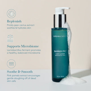 Colorescience Barrier Pro 1-Step Cleanser benefits infographic showing replenish with prickly pear cactus extract, supports microbiome with Lactobacillus ferment, and soothes and smooths with pink pomelo extract