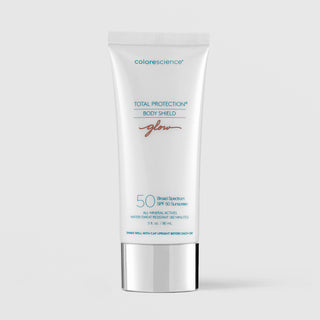 Colorescience Total Protection Body Shield Glow SPF 50 broad spectrum mineral sunscreen in a white tube with silver base, 3 fl oz