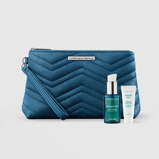 Colorescience gift with purchase set featuring a teal quilted chevron cosmetic bag with tassel alongside Barrier Pro 1-Step Cleanser and Barrier Pro Essential Moisturizer travel minis