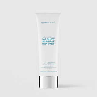 Colorescience Total Protection No-Show Mineral Body Shield SPF 50 broad spectrum sunscreen in a white tube with silver base, 4 fl oz