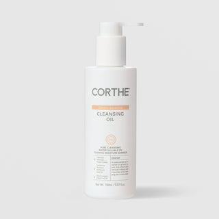 Corthe Dermo Essential Cleansing Oil water-soluble pore cleansing oil in a white pump bottle, 150 ml / 5.07 fl oz, for all skin types, on a light gray background