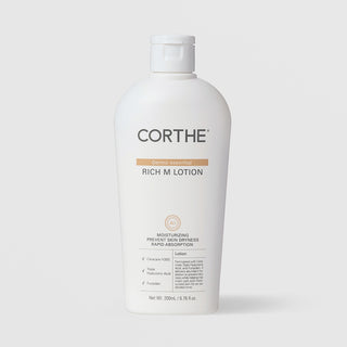 Corthe Dermo Essential Rich M Lotion in a white flip-cap bottle, 200 ml / 6.76 fl oz, moisturizing rapid-absorption lotion with ceramide and hyaluronic acid for all skin types, on a light gray background
