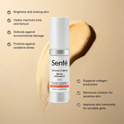 Senté Defense C Serum 30ml white pump bottle with golden cream texture swatch - brightens skin tone improves texture and defends against environmental damage - available at The Art of Skin Care
