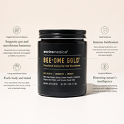 Enviromedica Bee-Ome Gold Functional Honey infographic showing four key benefits: gut and mycobiome balance, immune fortification, sustained energy and mental clarity, and ancestral wisdom with modern science