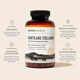 Enviromedica Cartilage Collagen supplement benefits infographic highlighting joint support, connective tissue elasticity, immune and structural health, and natural bioavailability