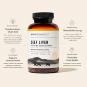 Enviromedica Beef Liver supplement benefits infographic highlighting nutrient-dense whole food nutrition, immune support, bioavailable energy, and brain health
