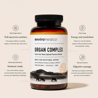 Enviromedica Organ Complex supplement benefits infographic highlighting full-spectrum multi-organ nutrition, immune readiness, energy and metabolism support, and digestive synergy