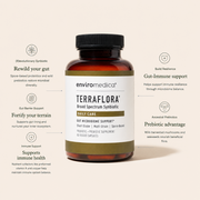 Enviromedica Terraflora Daily Care Synbiotic benefits infographic highlighting gut rewilding, gut barrier support, immune health, and ancestral prebiotic advantage