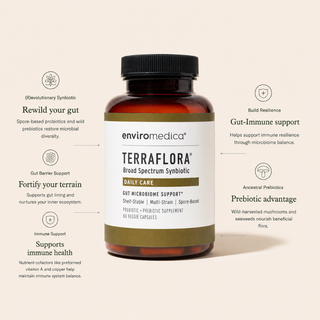 Enviromedica Terraflora Daily Care Synbiotic benefits infographic highlighting gut rewilding, gut barrier support, immune health, and ancestral prebiotic advantage
