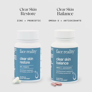 10:57 AMClaude responded: Face Reality Clear Skin Restore Zinc and Probiotic capsules beside Clear Skin Balance Omega-3 and Antioxidant softgels shown with individual capsules for break…Face Reality Clear Skin Restore Zinc and Probiotic capsules beside Clear Skin Balance Omega-3 and Antioxidant softgels shown with individual capsules for breakout-prone skin