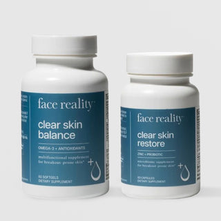 Face Reality Clear Skin Supplement Duo with Clear Skin Balance Omega-3 softgels and Clear Skin Restore Zinc and Probiotic capsules for breakout-prone skin