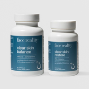 Face Reality Clear Skin Supplement Duo with Clear Skin Balance Omega-3 softgels and Clear Skin Restore Zinc and Probiotic capsules for breakout-prone skin