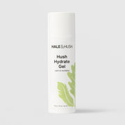 Hale & Hush Hush Hydrate Gel calm and revitalize hydrating gel moisturizer in a white airless pump bottle with cap on and green leaf botanical design, 50g / 1.76 oz, on a light gray background