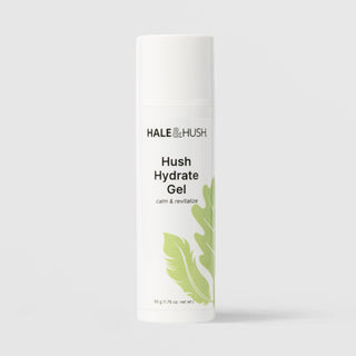 Hale & Hush Hush Hydrate Gel calm and revitalize hydrating gel moisturizer in a white airless pump bottle with cap on and green leaf botanical design, 50g / 1.76 oz, on a light gray background