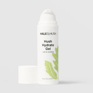 Hale & Hush Hush Hydrate Gel calm and revitalize hydrating gel moisturizer in a white airless pump bottle with cap removed and green leaf botanical design, 50g / 1.76 oz, on a light gray background