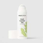 Hale & Hush Hush Hydrate Gel 50g airless pump bottle with cap removed, showing green botanical feather and leaf graphics, labeled calm and revitalize