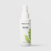 Hale & Hush Mist Me revitalize and hydrate facial mist in a white spray bottle with green leaf botanical design, 100ml / 3.4 fl oz, on a light gray background