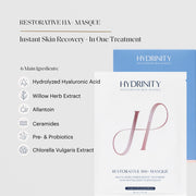 Hydrinity Restorative HA+ Masque 1 fl oz - ingredient infographic featuring hyaluronic acid, ceramides, pre and probiotics in biocellulose sheet mask packet