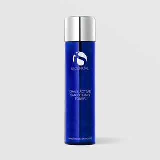 iS Clinical Daily Active Smoothing Toner in blue glass bottle with silver cap