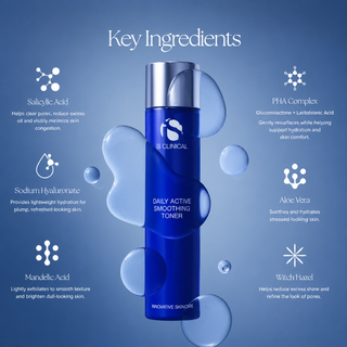 iS Clinical Daily Active Smoothing Toner key ingredients: salicylic acid, PHA, mandelic acid
