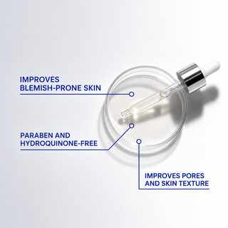 iS Clinical Active Serum dropper resting in petri dish with benefits: improves blemish-prone skin, paraben and hydroquinone-free, and improves pores and skin texture