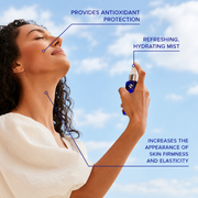 Woman applying iS Clinical Copper Firming Mist facial spray, highlighting antioxidant protection, hydration, and skin firming and elasticity benefits