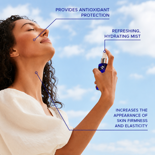 Woman applying iS Clinical Copper Firming Mist facial spray, highlighting antioxidant protection, hydration, and skin firming and elasticity benefits