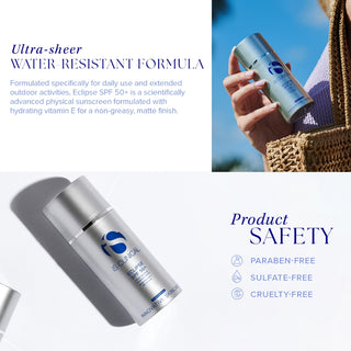 iS Clinical Eclipse SPF 50+ ultra-sheer water-resistant sunscreen infographic highlighting its non-greasy matte formula and paraben-free, sulfate-free, and cruelty-free certifications