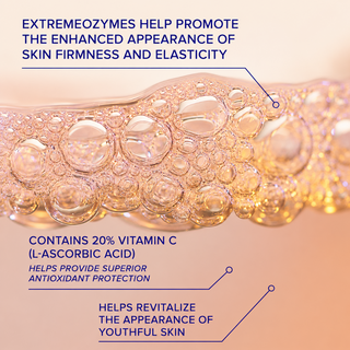 iS Clinical GeneXC Serum benefits infographic over golden serum texture showing Extremeozymes promote skin firmness and elasticity, 20% vitamin C L-ascorbic acid for antioxidant protection, and helps revitalize youthful skin appearance