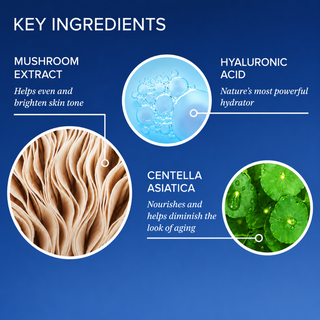 iS Clinical Hydra-Cool Serum key ingredients infographic featuring Hyaluronic Acid for deep hydration, Mushroom Extract for brightening, and Centella Asiatica to nourish and reduce signs of aging