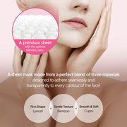 An infographic describing the blend of three natural fibers to create the anti-mela sheet mask - Lyocell, Bamboo, and Cupro