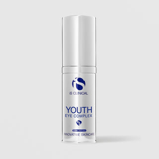 iS Clinical Youth Eye Complex white airless pump bottle with silver band, cosmeceuticals innovative skincare