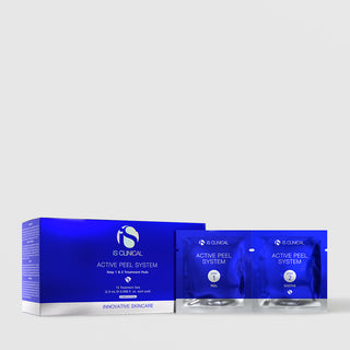 iS Clinical Active Peel System blue box with 15 treatment sets alongside Step 1 and Step 2 blue foil sachets