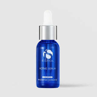 iS Clinical Active Serum 1oz cobalt blue glass dropper bottle with silver cap and white bulb, cosmeceuticals innovative skincare