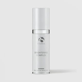 iS Clinical Brightening Complex white airless pump bottle with silver band, cosmeceuticals innovative skincare