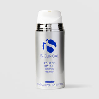 iS Clinical Eclipse SPF 50+ broad spectrum water resistant sunscreen crème in a silver airless pump bottle with white cap
