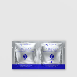 iS Clinical Extra Strength Active Peel Brightening System two-pack foil sachets, Step 1 Peel and Step 2 Soothe treatment pads, 2.9mL each