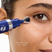 Close-up of a person using Genexc Firming Eye Gel on their face with text 'Use daily both day + night'.