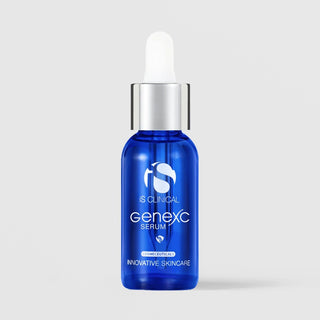 iS Clinical GeneXC Serum cobalt blue glass dropper bottle with silver cap and white bulb, cosmeceuticals innovative skincare