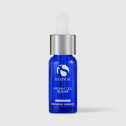 iS Clinical Hydra-Cool Serum 0.5 oz in a cobalt blue glass dropper bottle with silver collar on a light gray background