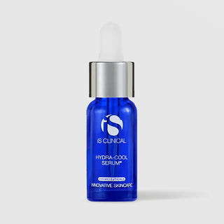 iS Clinical Hydra-Cool Serum 0.5 oz in a cobalt blue glass dropper bottle with silver collar on a light gray background