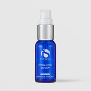 iS Clinical Hydra-Cool Serum 1 oz in a cobalt blue bottle with silver and white airless pump on a light gray background