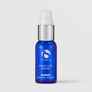 iS Clinical Hydra-Cool Serum 1 oz in a cobalt blue bottle with silver and white airless pump on a light gray background