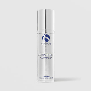 iS Clinical NeckPerfect Complex silver airless pump bottle with chrome cap, cosmeceuticals innovative skincare